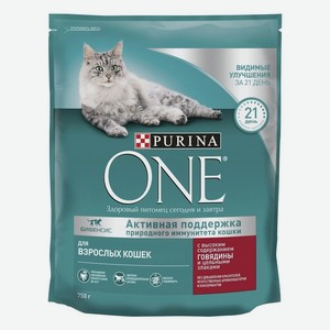 Корм PURINA ONE для взрослых кошек, с высоким содержанием говядины и цельными злаками (750 г)