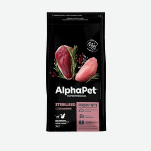 Сухой корм AlphaPet Superpremium для взрослых стерилизованных кошек, с уткой и индейкой, 3кг