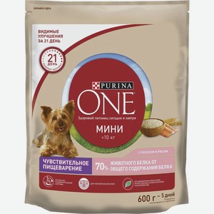 Purina One Mini корм для взрослых собак, чувствительное пищеварение, лосось и рис (600 гр)
