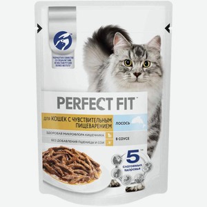 Влажный корм Perfect fit™ для кошек с чувствительным пищеварением, с лососем в соусе, 75г